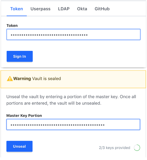 Root authentication token and master key portion in consul